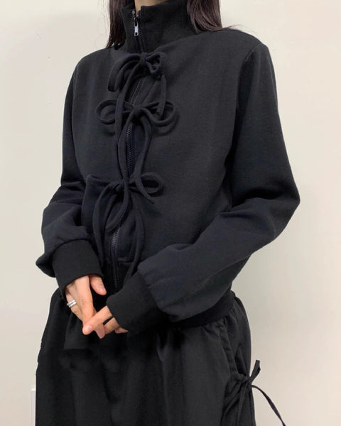 リボンデザイン 立ち襟 ジップアップ パーカー レディース 長袖 カジュアル 可愛い レイヤード風 体型カバー 秋冬 新作 ID2180