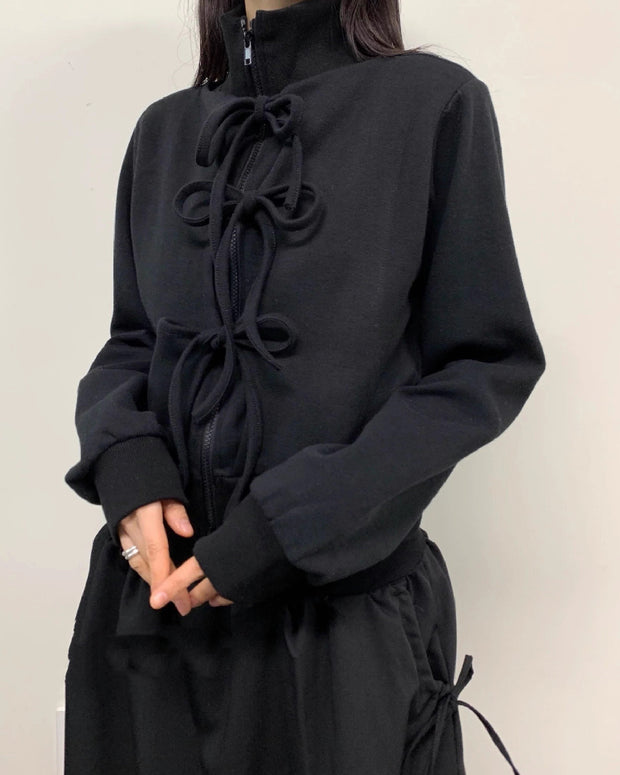 リボンデザイン 立ち襟 ジップアップ パーカー レディース 長袖 カジュアル 可愛い レイヤード風 体型カバー 秋冬 新作 ID2180