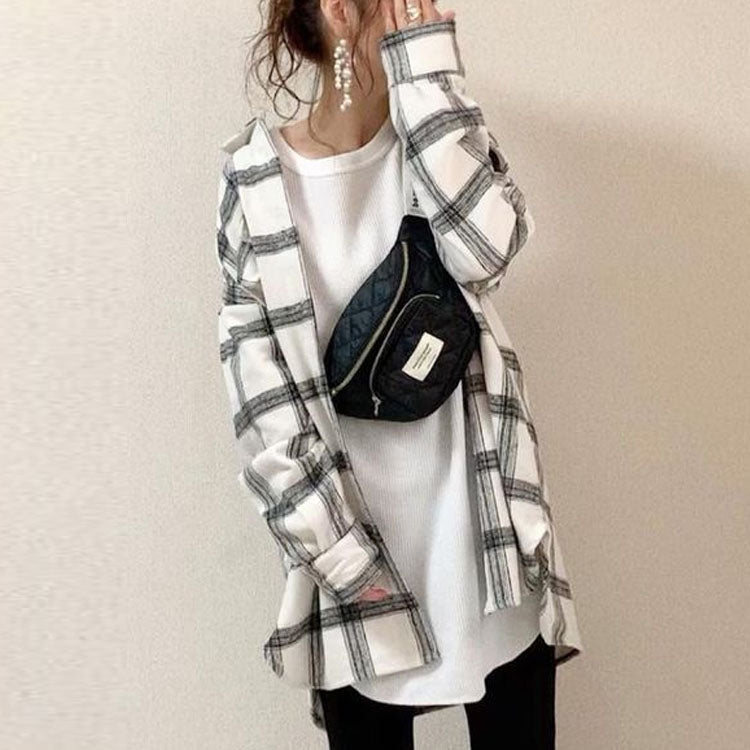 ID121 Shirt Checkered Pattern Loose Fit Thin Outerwear Long Sleeve Tops Perfect for Layering Natural Style Light and Stylish Recommended for Casual Coordination 