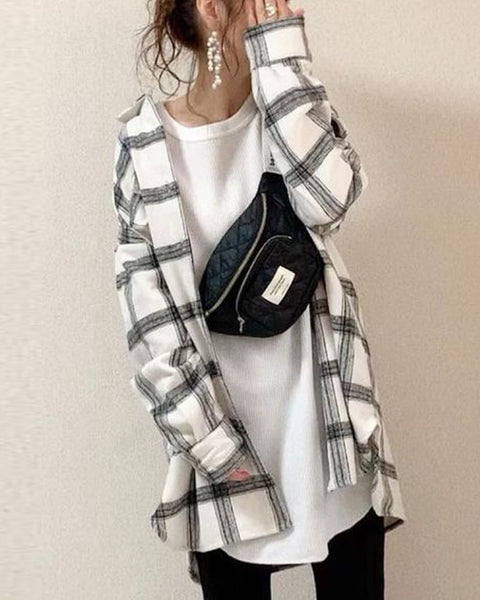 ID121 Shirt Checkered Pattern Loose Fit Thin Outerwear Long Sleeve Tops Perfect for Layering Natural Style Light and Stylish Recommended for Casual Coordination 