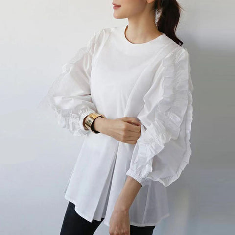 ID111 Shirt, Sweet, Loose Fit, Large Size, Round Neck, Stylish, Ruffles, Long Sleeves, Tops, Feminine, Figure Covering, Casual, Stylish 