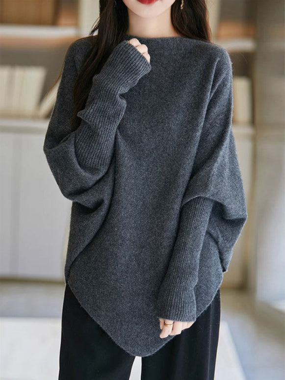 ニットセーター レディース ゆったり シンプル 無地 長袖 前後差デザイン 体型カバー 大人 きれいめ カジュアル 暖かい 秋冬 新作 ID2162