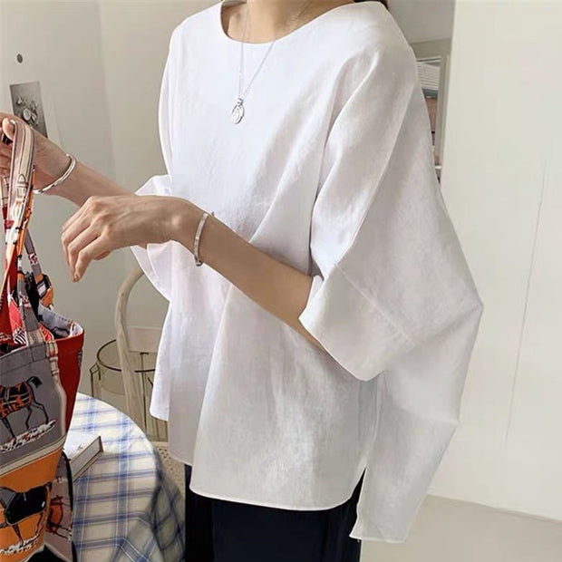 Tシャツ  レディース リネンコットン シャツ 2色 S-XL レトロ 香港風 韓国風 ゆったり ビッグサイズ スリム効果 カジュアル マルチスタイル ID330