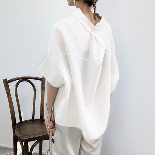 今季爆売れTシャツ！スタンドカラー バットスリーブ ゆったり五分袖 ビッグサイズ対応 夏の大ヒット作 2色展開 ID332