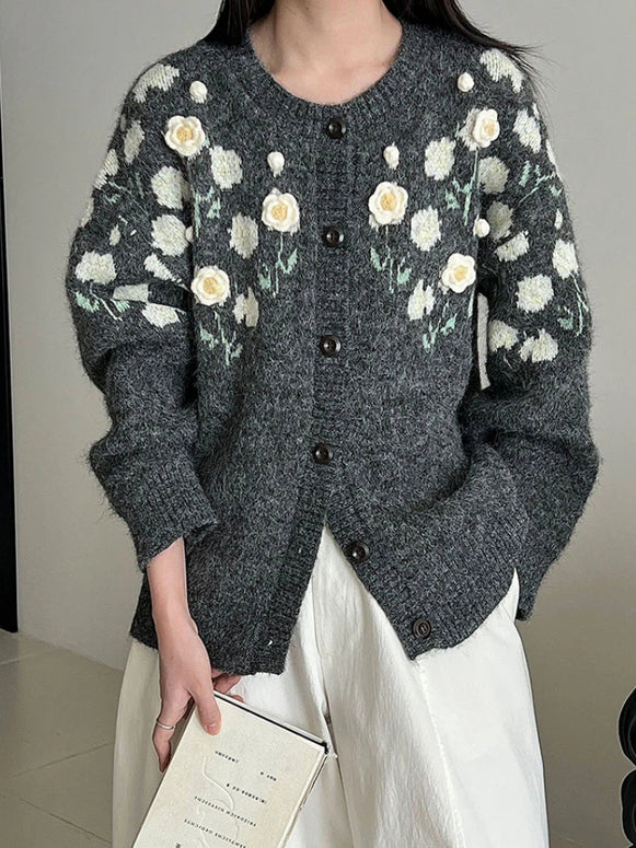 「今だけこの価格」フラワー刺繍 立体モチーフ ニットカーディガン レディース ふんわり やわらか 上品 可愛い 大人女子 おしゃれ トップス ID2300