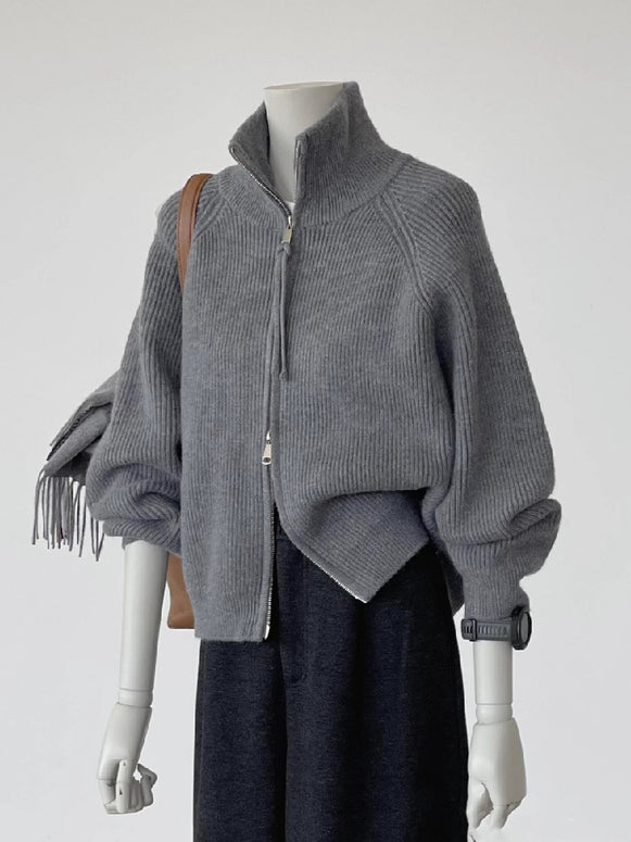 「タイムセール中！」ジップアップ ニットカーディガン レディース ハイネック セーター ジッパー付き ゆったり シンプル おしゃれ 暖かい 秋冬 新作 ID2178