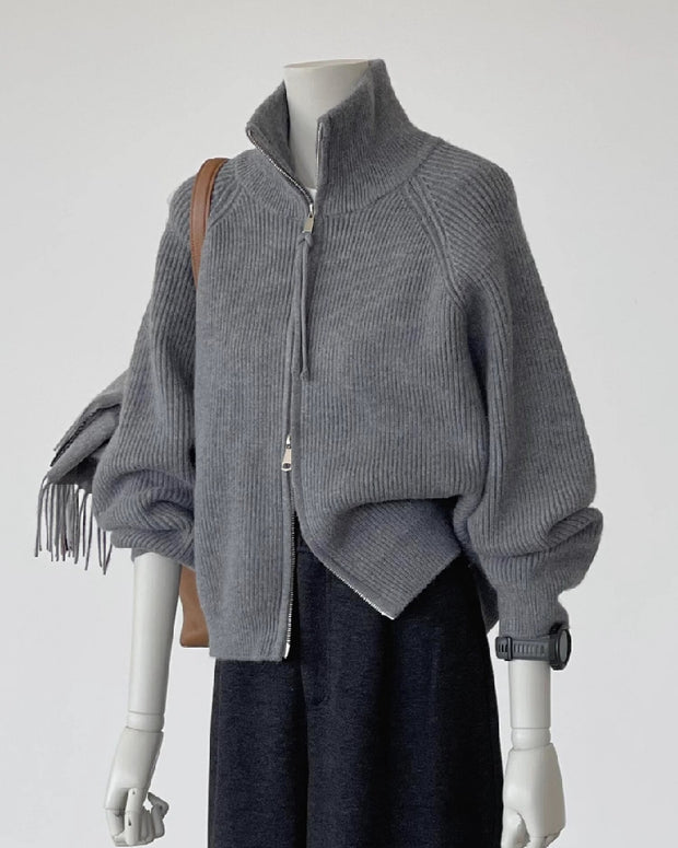 「タイムセール中！」ジップアップ ニットカーディガン レディース ハイネック セーター ジッパー付き ゆったり シンプル おしゃれ 暖かい 秋冬 新作 ID2178