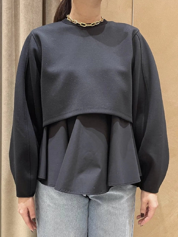 3色展開 異素材切替 プルオーバー レディース 偽レイヤード風 スウェット フリル 裾フレア 長袖 カジュアル 体型カバー おしゃれ 春秋冬 新作 ID1744