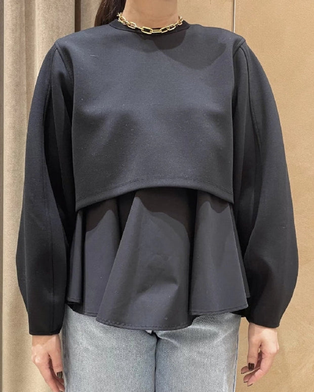 3色展開 異素材切替 プルオーバー レディース 偽レイヤード風 スウェット フリル 裾フレア 長袖 カジュアル 体型カバー おしゃれ 春秋冬 新作 ID1744