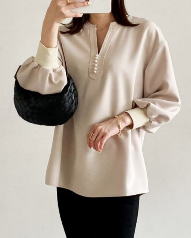 3色展開 Vネック 長袖 シャツ レディース きれいめ シンプル パールボタン トップス ゆったり 上品 カジュアル 通勤 おしゃれ 大人女子 着回し抜群 体型カバー ファッション 人気 秋冬コーデ ID1351