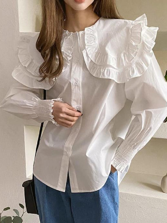 フリル襟 シャツ レディース 長袖 白シャツ ブラウス 可愛い 大きめカラー フェミニン 韓国風 トップス カジュアル 通勤 オフィスコーデ デートコーデ 学生 体型カバー フォーマル 春秋 上品 おしゃれ ID1673