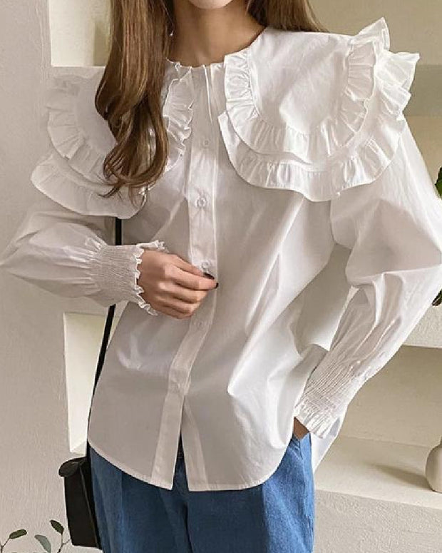 フリル襟 シャツ レディース 長袖 白シャツ ブラウス 可愛い 大きめカラー フェミニン 韓国風 トップス カジュアル 通勤 オフィスコーデ デートコーデ 学生 体型カバー フォーマル 春秋 上品 おしゃれ ID1673
