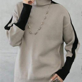 配色ライン ニット トップス ハイネック ゆったり 体型カバー 大人カジュアル 秋冬 新作 ID2240