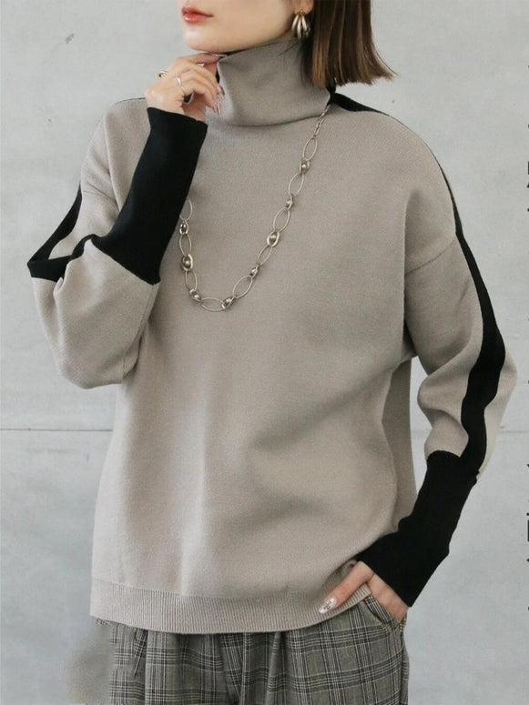 配色ライン ニット トップス ハイネック ゆったり 体型カバー 大人カジュアル 秋冬 新作 ID2240