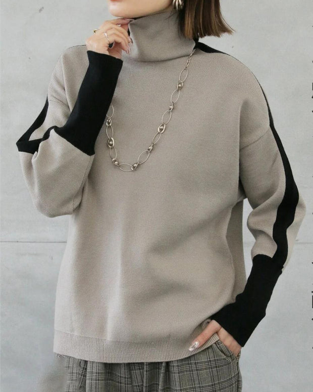 配色ライン ニット トップス ハイネック ゆったり 体型カバー 大人カジュアル 秋冬 新作 ID2240