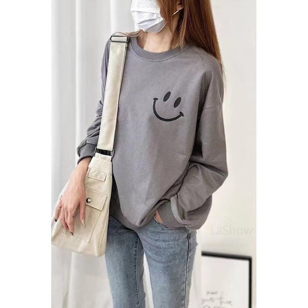 スマイル プリント スウェット レディース 長袖 トレーナー シンプル 無地 カジュアル ゆったり 体型カバー 可愛い 大人女子 通勤 通学 デート 部屋着 きれいめ おしゃれ 秋冬 人気 新作 ID1936