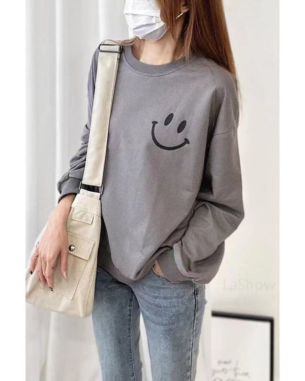 スマイル プリント スウェット レディース 長袖 トレーナー シンプル 無地 カジュアル ゆったり 体型カバー 可愛い 大人女子 通勤 通学 デート 部屋着 きれいめ おしゃれ 秋冬 人気 新作 ID1936