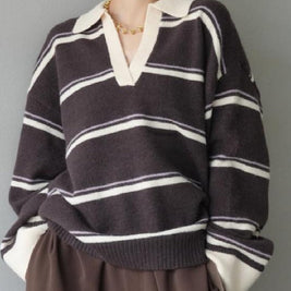 Vネック ストライプ ゆったり ニット セーター 和風 キャリア レディース トップス 上品 オフィス おしゃれ 快適 着心地 素材 シルエット 秋冬 通勤 大人 女性 エレガント 洗練 トレンド デイリー ID2036
