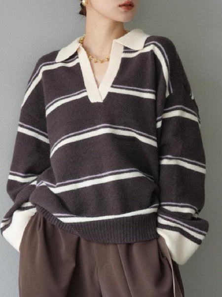 Vネック ストライプ ゆったり ニット セーター 和風 キャリア レディース トップス 上品 オフィス おしゃれ 快適 着心地 素材 シルエット 秋冬 通勤 大人 女性 エレガント 洗練 トレンド デイリー ID2036