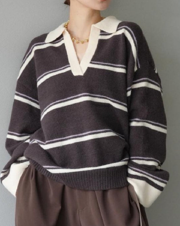 Vネック ストライプ ゆったり ニット セーター 和風 キャリア レディース トップス 上品 オフィス おしゃれ 快適 着心地 素材 シルエット 秋冬 通勤 大人 女性 エレガント 洗練 トレンド デイリー ID2036