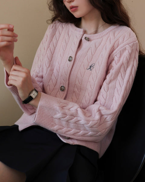 ウール混 ケーブル編み カーディガン レディース 丸首 刺繍入り フレンチスタイル 柔らかい シンプル 通勤 きれいめ 秋冬 新作 ID2149