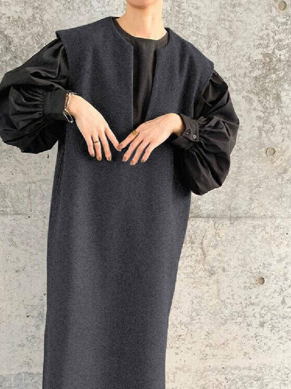 4色展開 ラシャ ジレ ワンピース レディース Vネック ロング丈 ノースリーブ ジャンパースカート 重ね着風 体型カバー ゆったり シンプル おしゃれ 春秋 大人カジュアル マキシ丈 ID1774