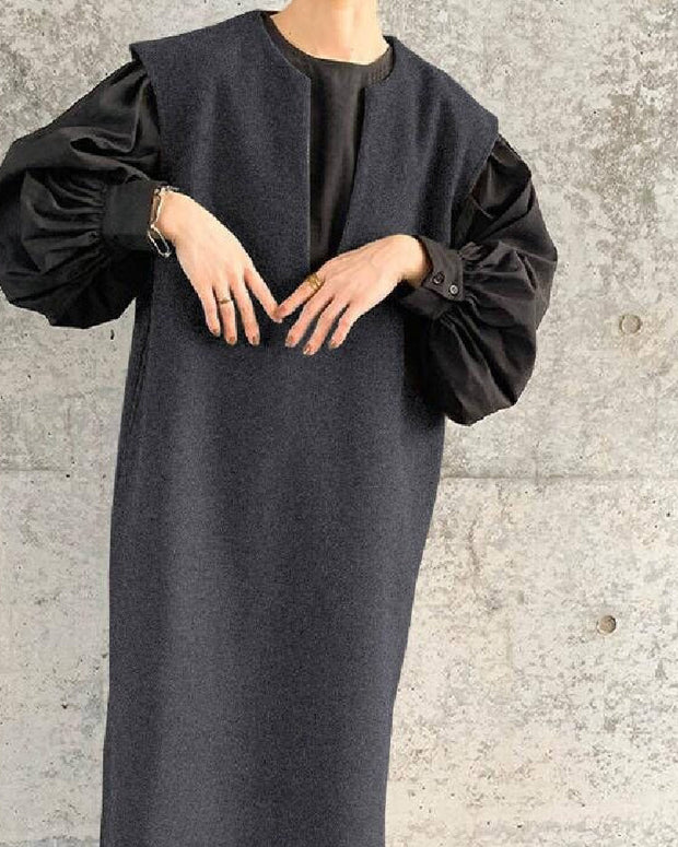 4色展開 ラシャ ジレ ワンピース レディース Vネック ロング丈 ノースリーブ ジャンパースカート 重ね着風 体型カバー ゆったり シンプル おしゃれ 春秋 大人カジュアル マキシ丈 ID1774