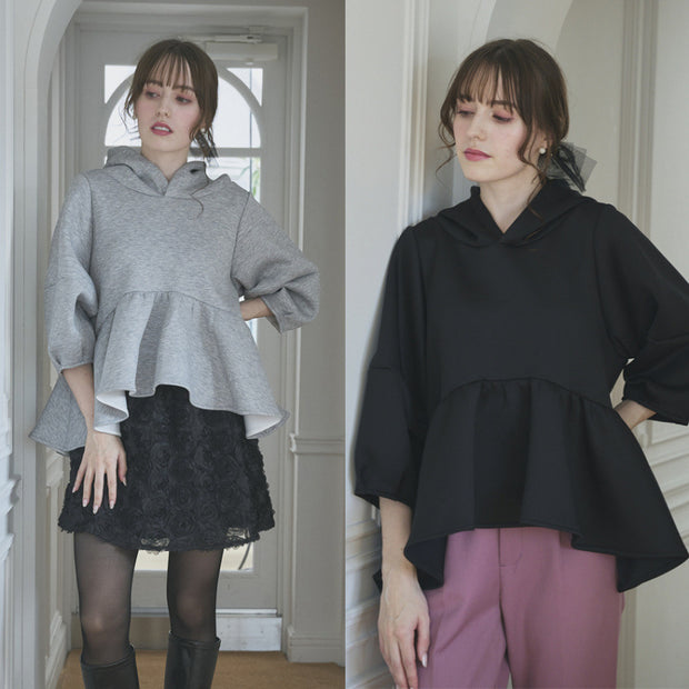 ペプラム フリル パーカー レディース 長袖 フード付き ゆったり シンプル ガーリー カジュアル スウェット トップス 秋冬 新作 ID2168