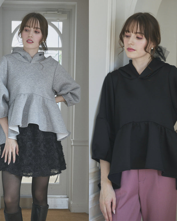 ペプラム フリル パーカー レディース 長袖 フード付き ゆったり シンプル ガーリー カジュアル スウェット トップス 秋冬 新作 ID2168