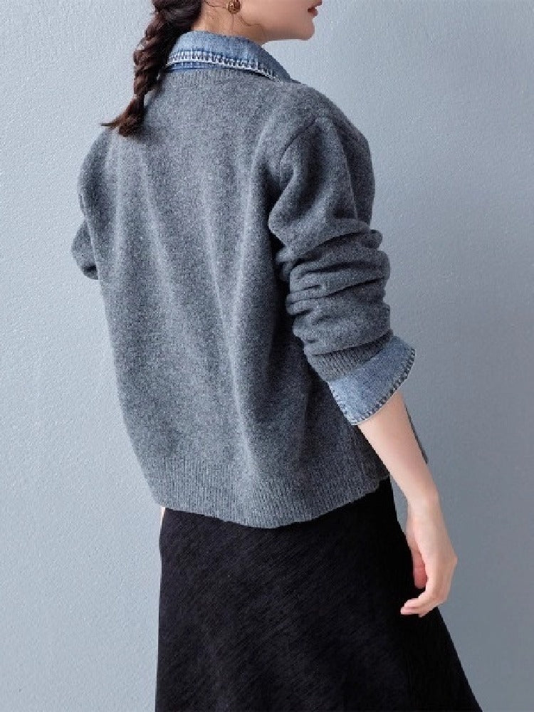 【3色展開】デニム切替 フェイク カーディガン レイヤード デニム襟  カーディガン 暖かい ファッション カジュアル 春 秋 冬 ID1793