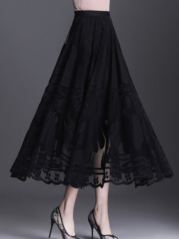 ID742 レースプリーツスカート レディース ミモレ丈 Aライン フレア ウエストゴム 透け感 フェミニン 夏コーデ