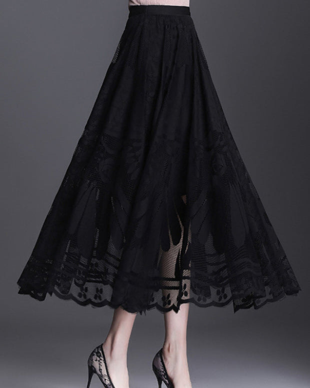 ID742 レースプリーツスカート レディース ミモレ丈 Aライン フレア ウエストゴム 透け感 フェミニン 夏コーデ