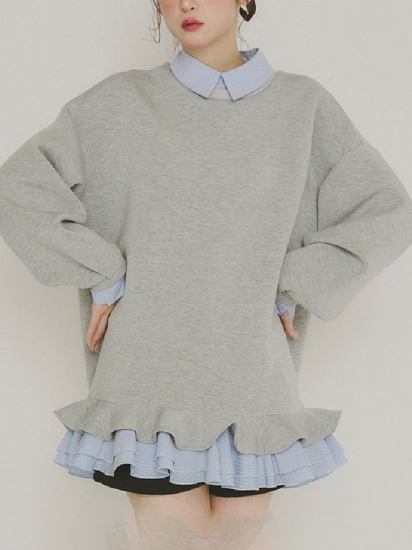 異素材切り替え フェイクレイヤード スウェット レディース 長袖 シャツ風デザイン フリル裾 ゆったり 体型カバー カジュアル 可愛い トレンド 秋冬 新作 ID2015