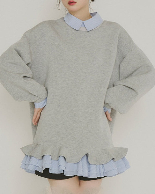 異素材切り替え フェイクレイヤード スウェット レディース 長袖 シャツ風デザイン フリル裾 ゆったり 体型カバー カジュアル 可愛い トレンド 秋冬 新作 ID2015