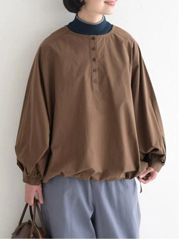 コットン シャツ ブラウス レディース 長袖 無地 ラウンドネック バルーンスリーブ 体型カバー ゆったり シンプル カジュアル ナチュラル オフィス 通勤 通学 春秋 トップス おしゃれ 定番 ID1735