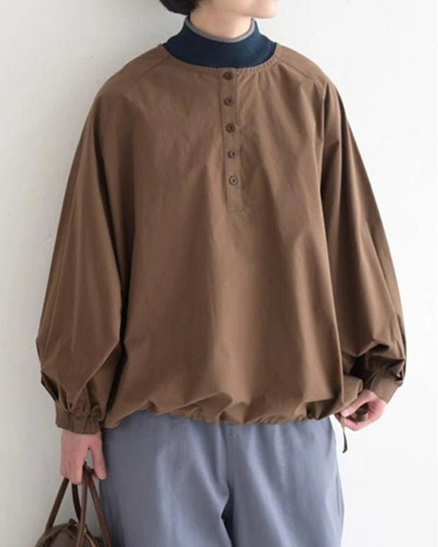 コットン シャツ ブラウス レディース 長袖 無地 ラウンドネック バルーンスリーブ 体型カバー ゆったり シンプル カジュアル ナチュラル オフィス 通勤 通学 春秋 トップス おしゃれ 定番 ID1735