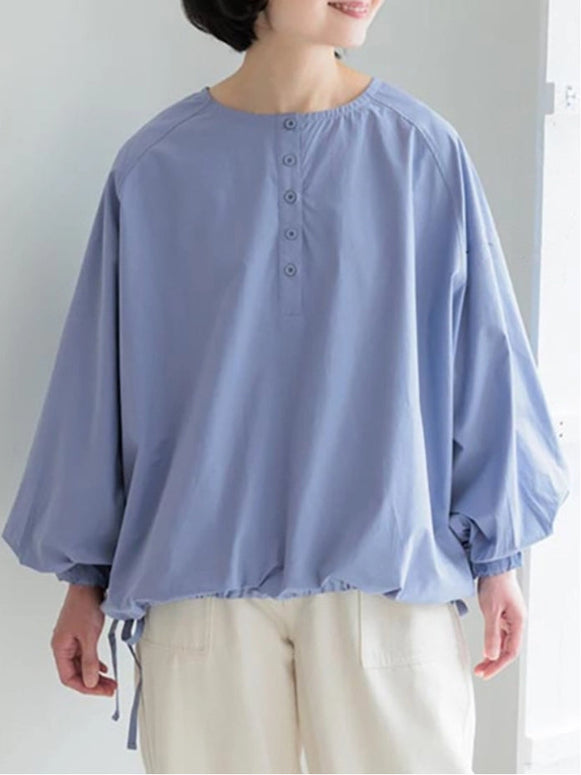 コットン シャツ ブラウス レディース 長袖 無地 ラウンドネック バルーンスリーブ 体型カバー ゆったり シンプル カジュアル ナチュラル オフィス 通勤 通学 春秋 トップス おしゃれ 定番 ID1735