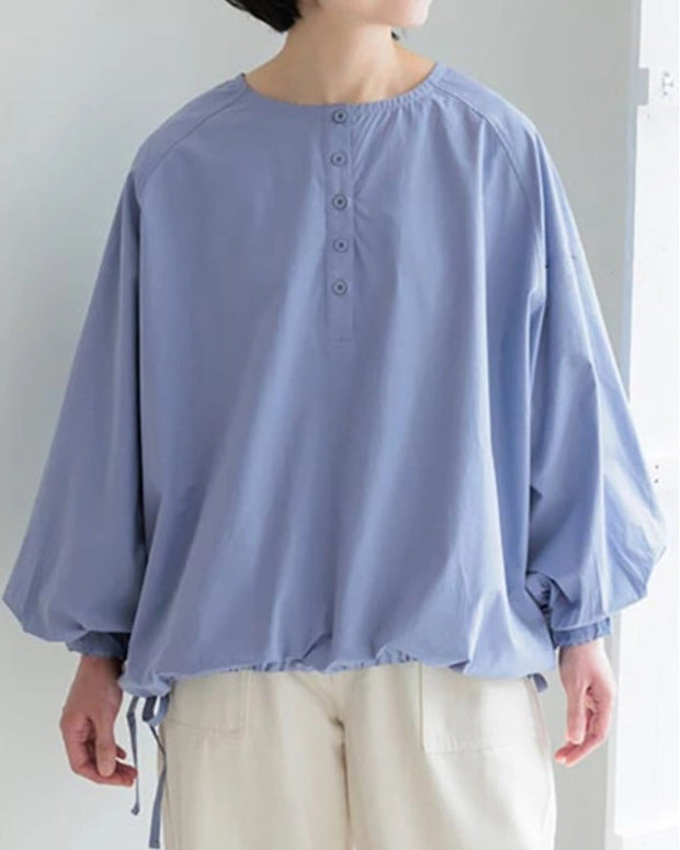 コットン シャツ ブラウス レディース 長袖 無地 ラウンドネック バルーンスリーブ 体型カバー ゆったり シンプル カジュアル ナチュラル オフィス 通勤 通学 春秋 トップス おしゃれ 定番 ID1735