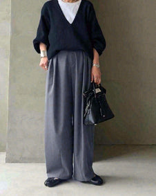 【2点SET】 着痩せ効果 ポケット付き 体型をカバー 長袖 シンプル カジュアル トップス+ ハイウエスト 脚長効果 ボトムス パンツセット HB1529