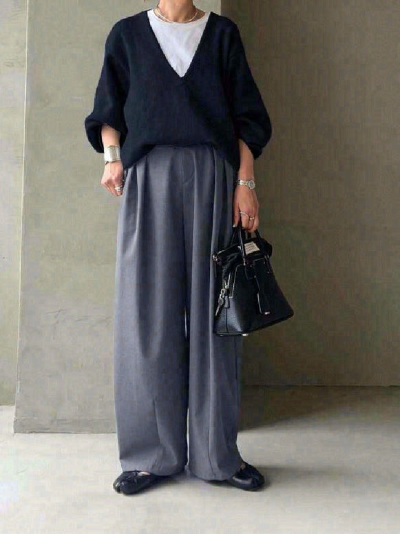 【2点SET】 着痩せ効果 ポケット付き 体型をカバー 長袖 シンプル カジュアル トップス+ ハイウエスト 脚長効果 ボトムス パンツセット HB1529