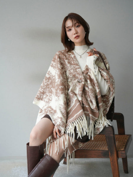 3WAY フリンジ付き ニット ポンチョ レディース ショール ストール 大判 羽織り おしゃれ 体型カバー 秋冬 新作 ID2075