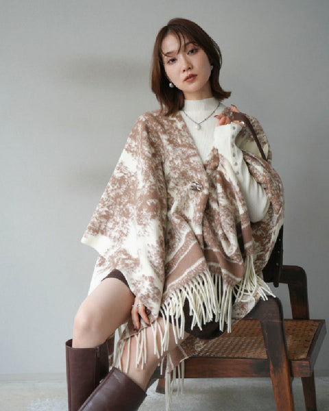 3WAY フリンジ付き ニット ポンチョ レディース ショール ストール 大判 羽織り おしゃれ 体型カバー 秋冬 新作 ID2075