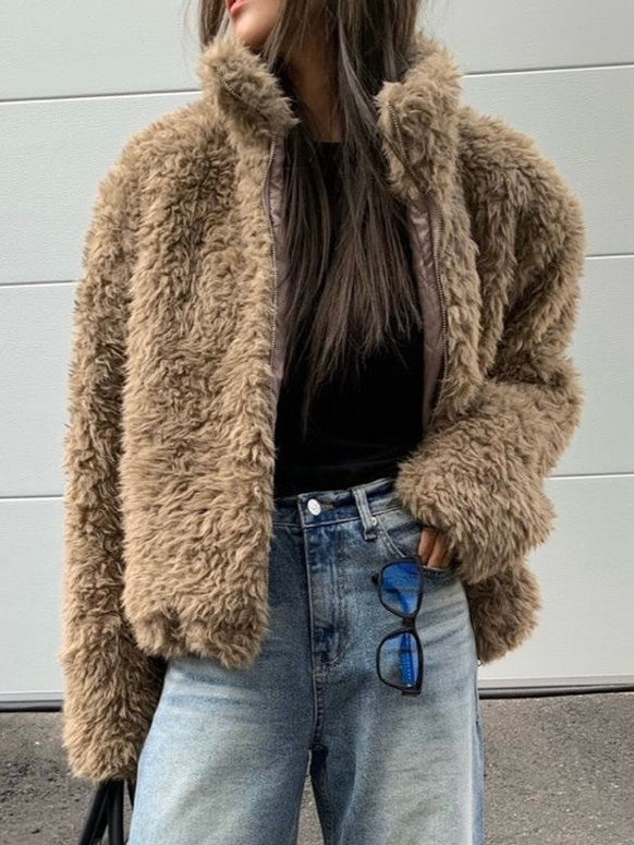 ふわもこ ファージャケット レディース ショート丈 アウター ゆったり 体型カバー 暖かい 軽量 大人カジュアル 秋冬 新作 ID2039