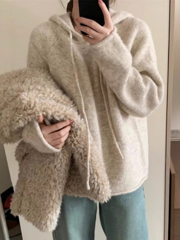 ふわふわ ニットパーカー レディース 暖かい 秋冬 フード付き セーター ゆったり シンプル かわいい 防寒 体型カバー 大人カジュアル おしゃれ ルームウェア お出かけ 通勤 通学 デイリーコーデ ID2229