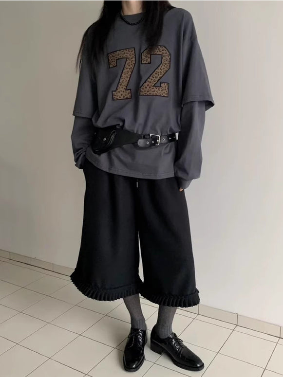 七分丈 ワイドパンツ レディース フリルヘム 体型カバー カジュアル 重ね着風 秋冬 ボトムス ID2181