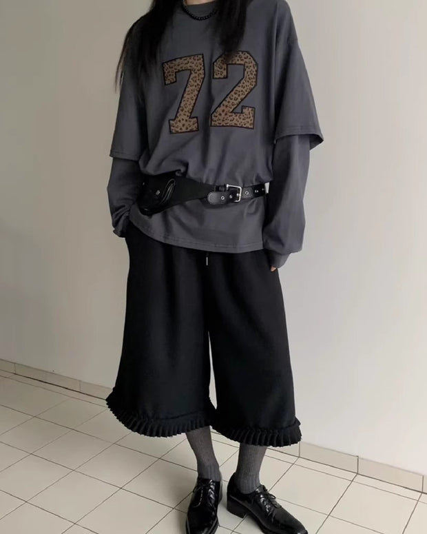 七分丈 ワイドパンツ レディース フリルヘム 体型カバー カジュアル 重ね着風 秋冬 ボトムス ID2181