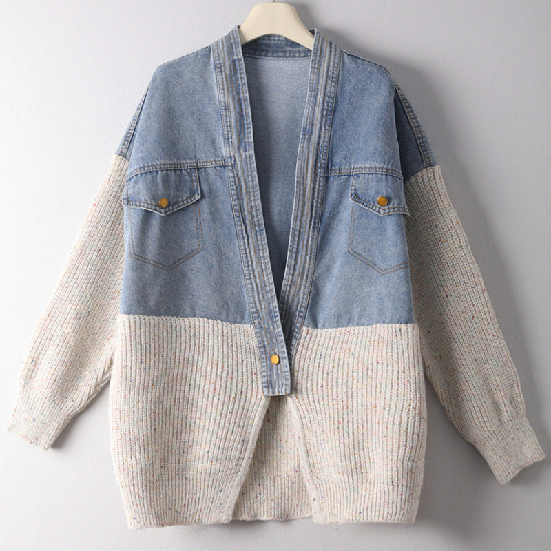 異素材切り替え デニム × ニット カーディガン レディース Vネック ゆったり おしゃれ 大人カジュアル 秋冬 新作 ID2037