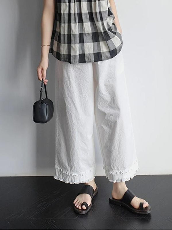 【533】コットンフリルレイヤードパンツ レディース ウエストゴム 九分丈 ゆったり 体型カバー 重ね着 ルームウェア
