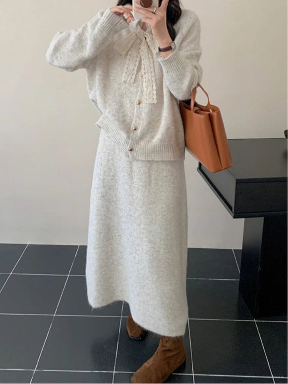 セットアップ ニット カーディガン + ニット スカート 2点セット 長袖 ゆったり きれいめ 上品 通勤 通学 大人可愛い シンプル 秋冬 新作 人気 レディース ID1972