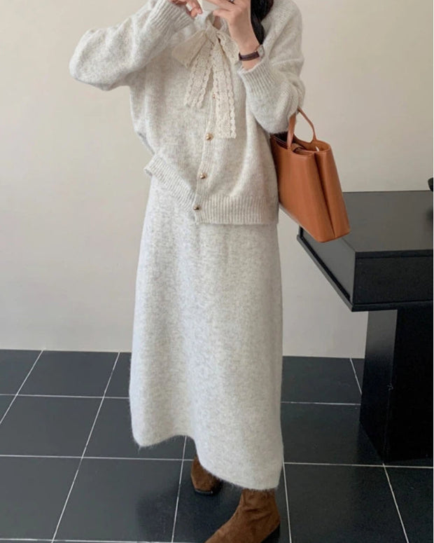 セットアップ ニット カーディガン + ニット スカート 2点セット 長袖 ゆったり きれいめ 上品 通勤 通学 大人可愛い シンプル 秋冬 新作 人気 レディース ID1972